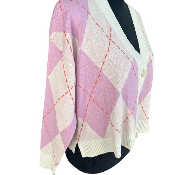 Isaac Mizrahi XSmall Pink & Cream Argyle Button Cardigan - Picture 2 of 6